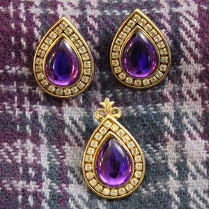Gold-tone Purple  and White Rhinestone Pearl Pendant and Earrings Set